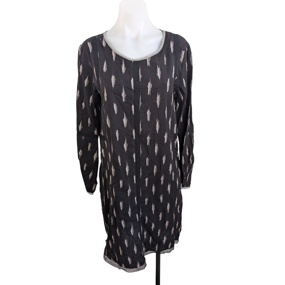 Maison de Nimes Size 12 Ikat Peasant Shift Dress Black Tan Cotton Long Sleeves